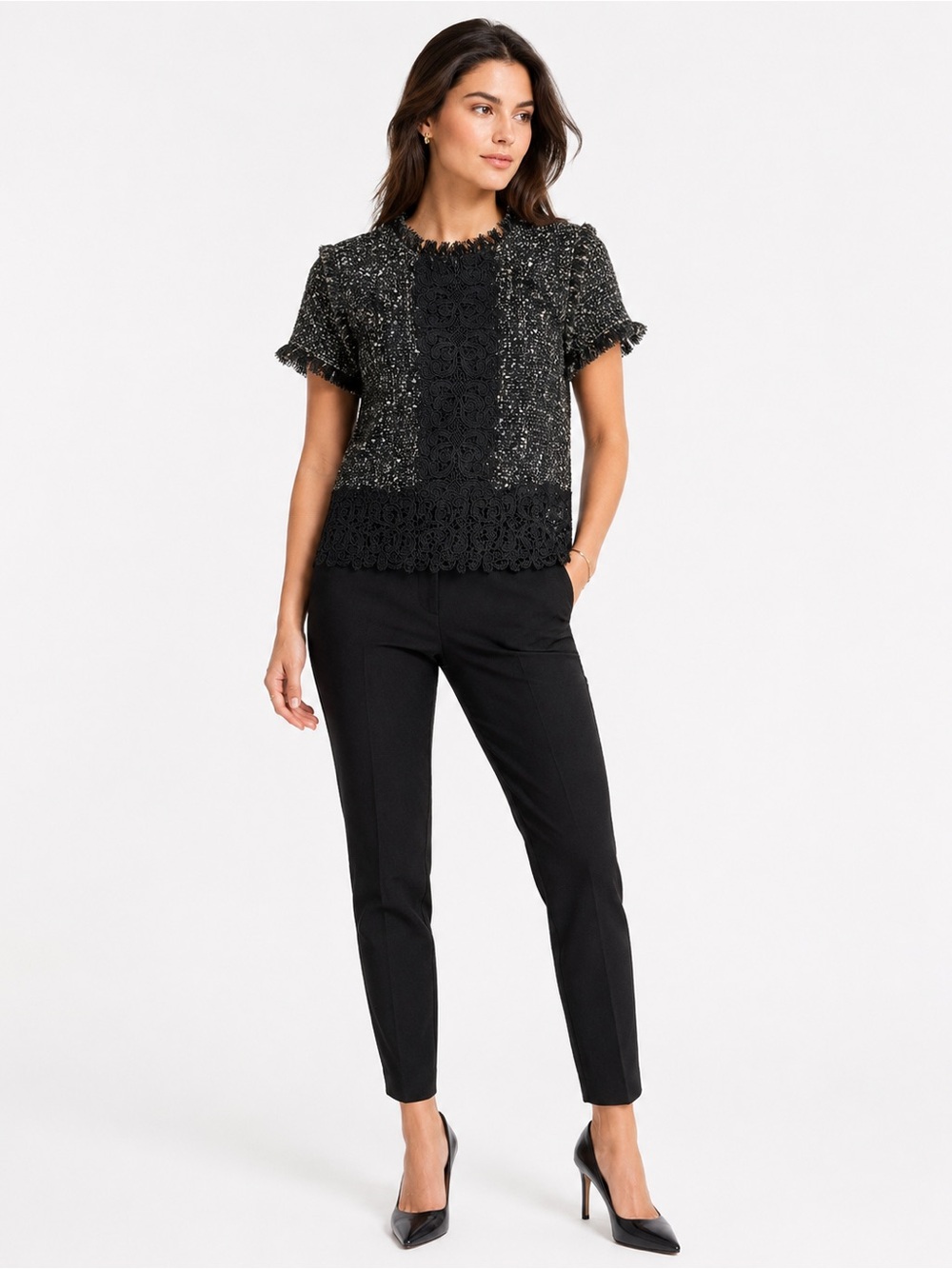 Zara Woman Black‎ Tweed Lace Short Sleeve Fringe Crochet Lace Top Size XS